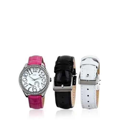 Guess White+fuchsia+black Croc Leather Interchangable+silver Watch Set W11130L1