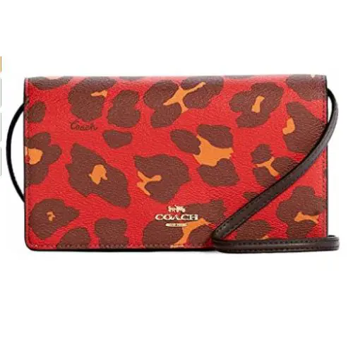 Coach Anna Leopard Print Signature Coated Canvas Foldover Crossbody Clutch -7301