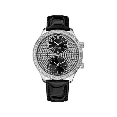 Guess Silver Black Patent Leather Band Crystals Dual Time Watch W10558L2