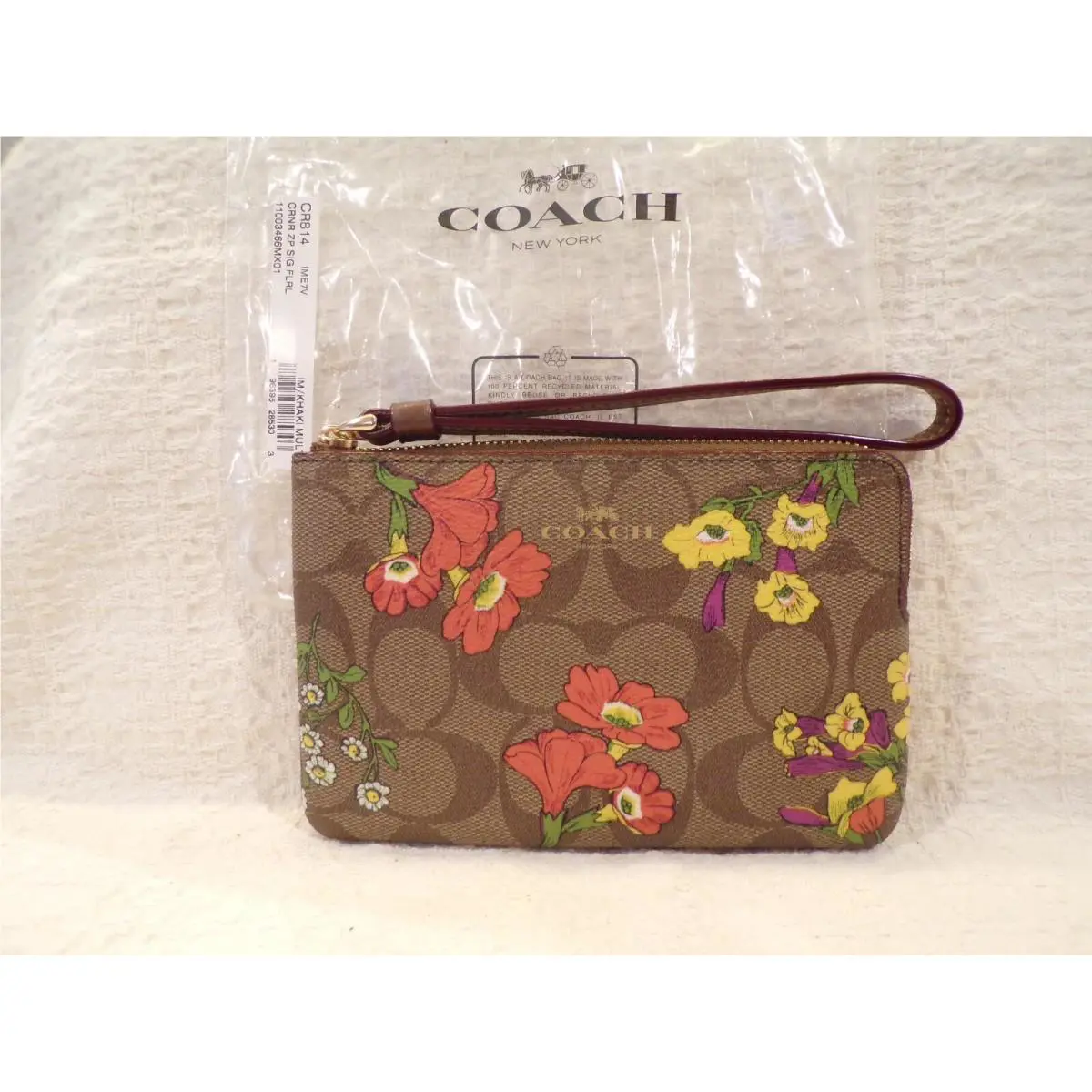 Signature Canvas Corner Zip Wristlet with Floral Flowers Print CR399 by Coach