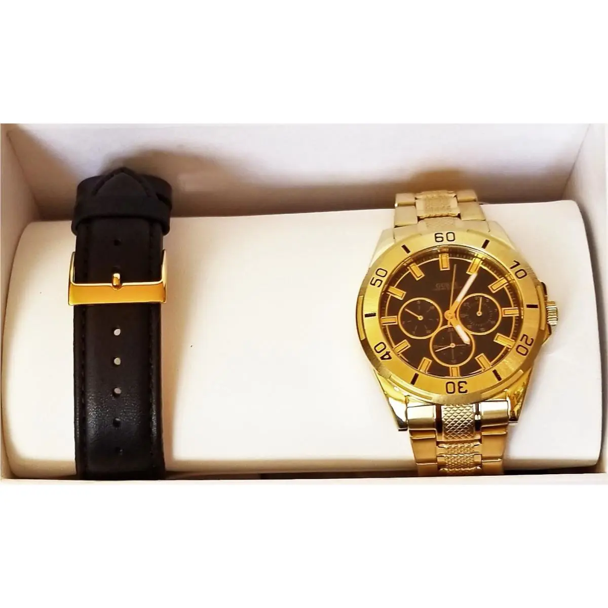 Guess 2 PC Set Gold Tone S/steel Black Leather Band Bracelet Watch U10514G2