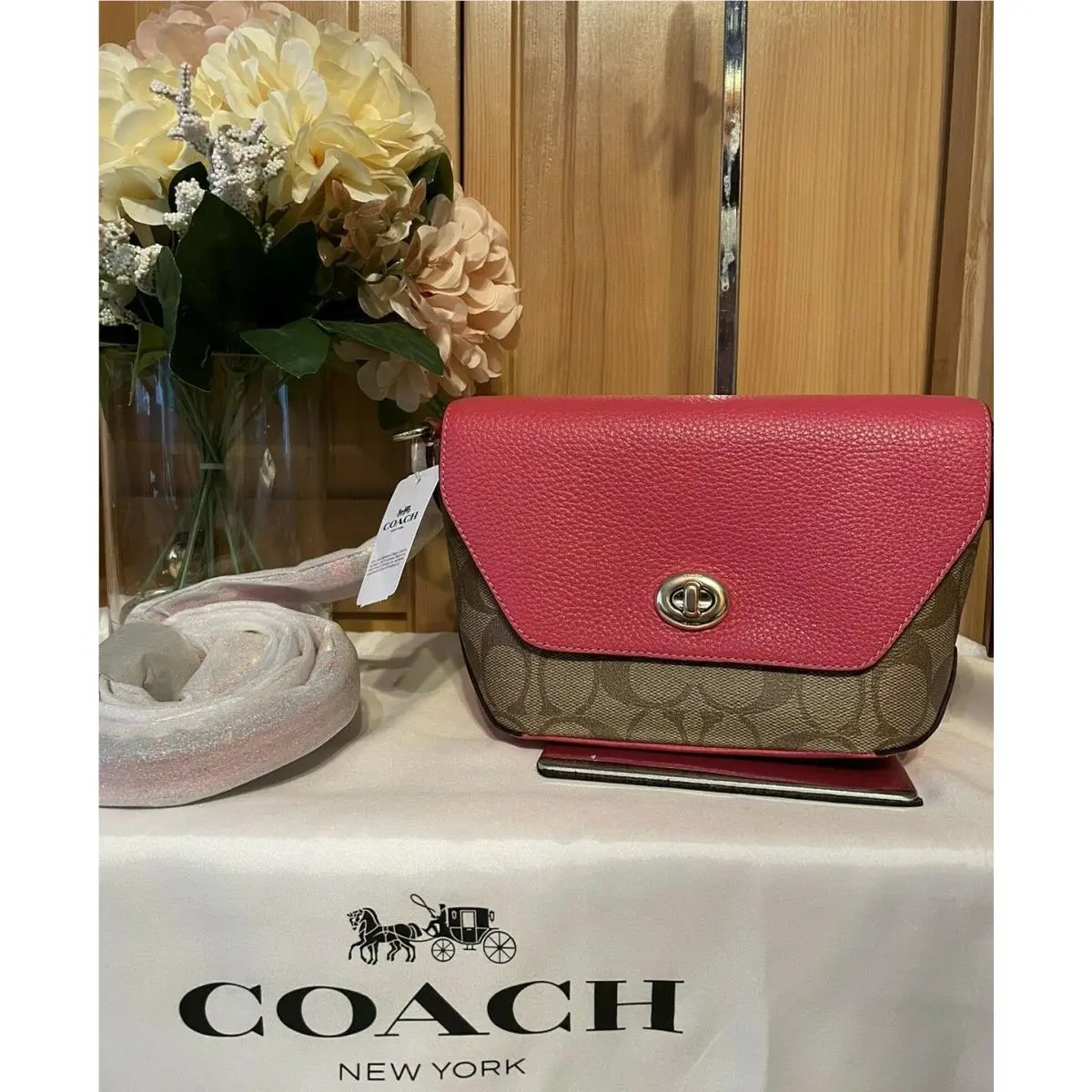 Coach Karlee Crossbody Signature Canvas Leather In Khaki/fuchsia
