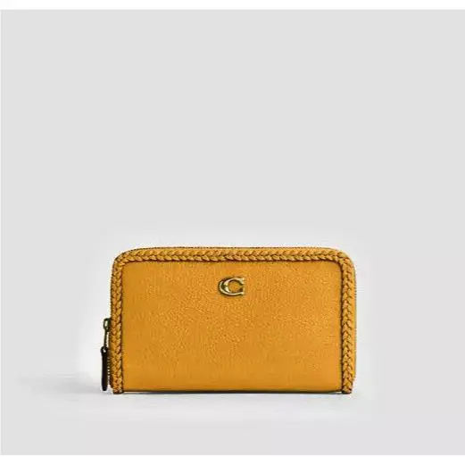 Coach Women`s Brass/buttercup Medium W/braid Zip Around Leather Wallet CJ875