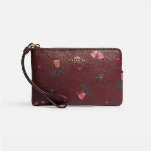 Coach Corner Zip Wristlet Wallet with Holiday Bells Print CE920