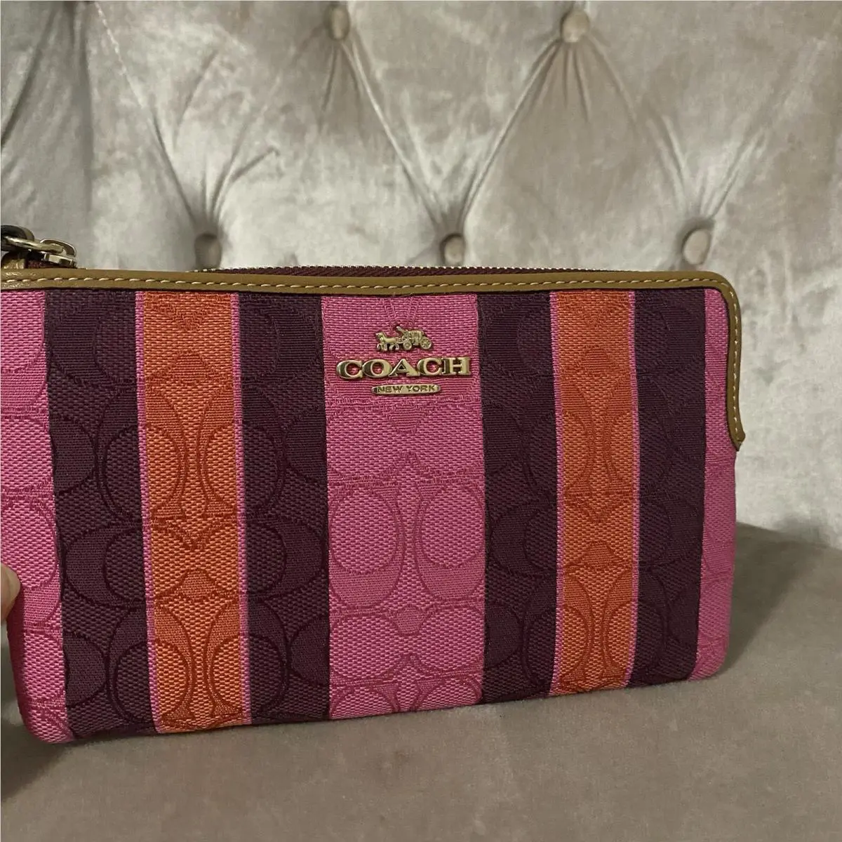 Coach Jacquard Leather Stripe Large Corner Zip C4566 Wristlet Purse Pink