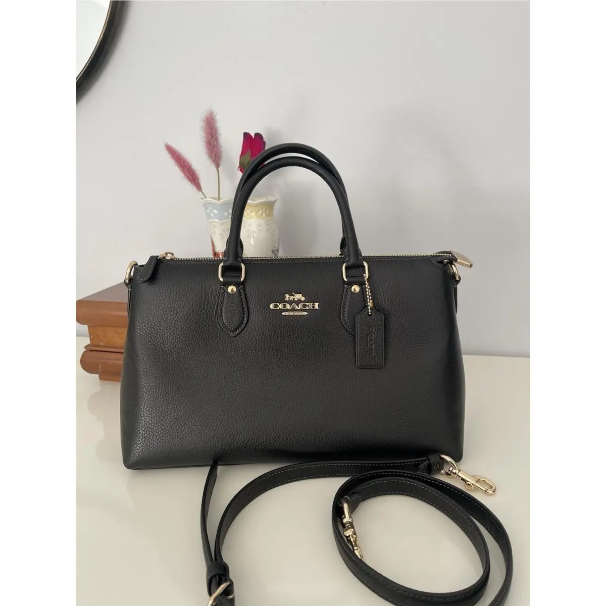 Georgia Satchel Bag Pebbled Leather Handbag In Black / Gold by Coach