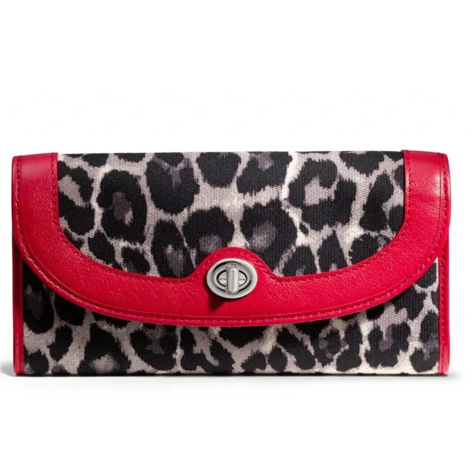 Coach Park Ocelot Print W/red Trim Slim Envelope Bi-fold Wallet-nwt-srp: