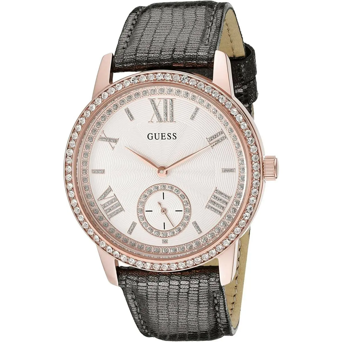 Women`s Rose Gold Tone Classic Grey Gemmed Watch Leather Strap U0642L3 by Guess