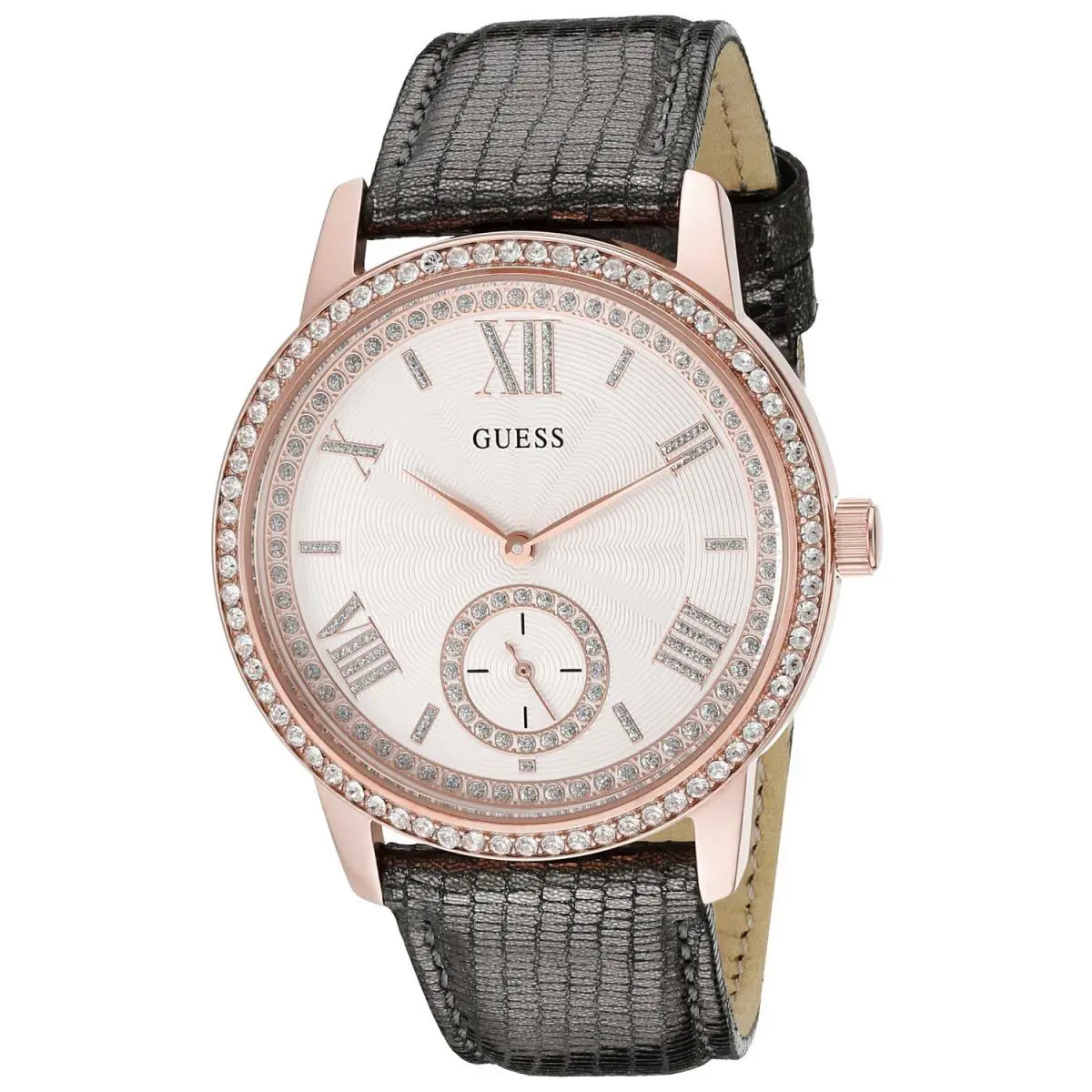 Guess Rose Gold Tone Gray Leather Band Roman S Crystal Glitz WATCH-U0642L3
