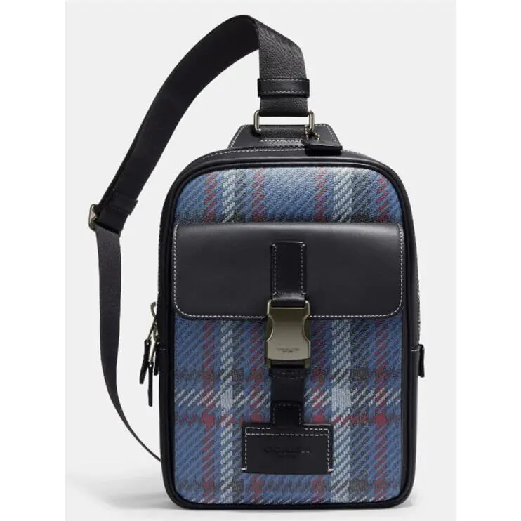 Coach Men’s Track Pack CH104 Plaid Print X-body Bag In Midnight Navy Multi