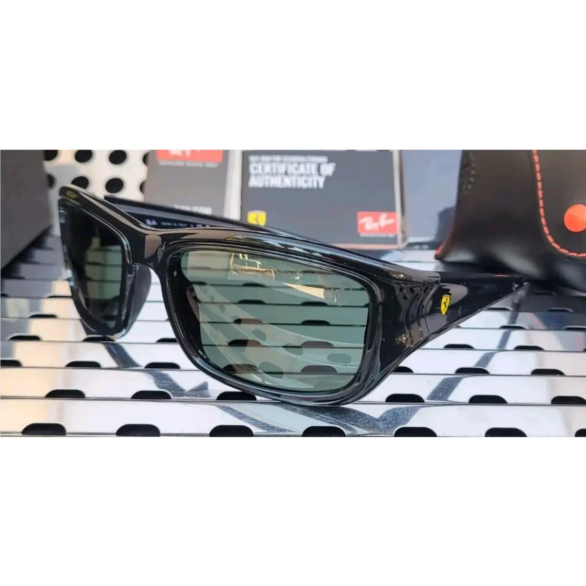 Ray Ban RB4405M Ferrari Sunglasses Gloss Black w/ Dark Classic Green Lenses