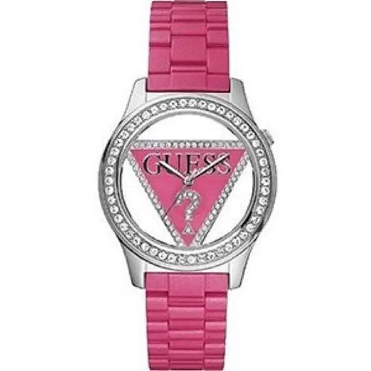 Guess Pink Fuchsia Resin Acrylic Bracelet Band Crystal Logo Dial Watch W95105L3