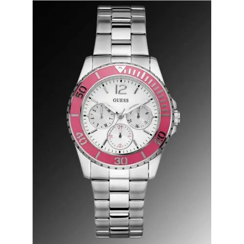 Guess Chronograph Silver Tone Stainless Steel Pink Bezel WATCH-U10598L2