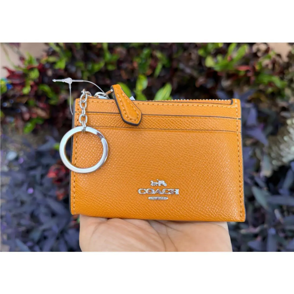 Coach Mini Coin Pouch ID Card Key Holder Skinny Leather Wallet Yellow Papaya