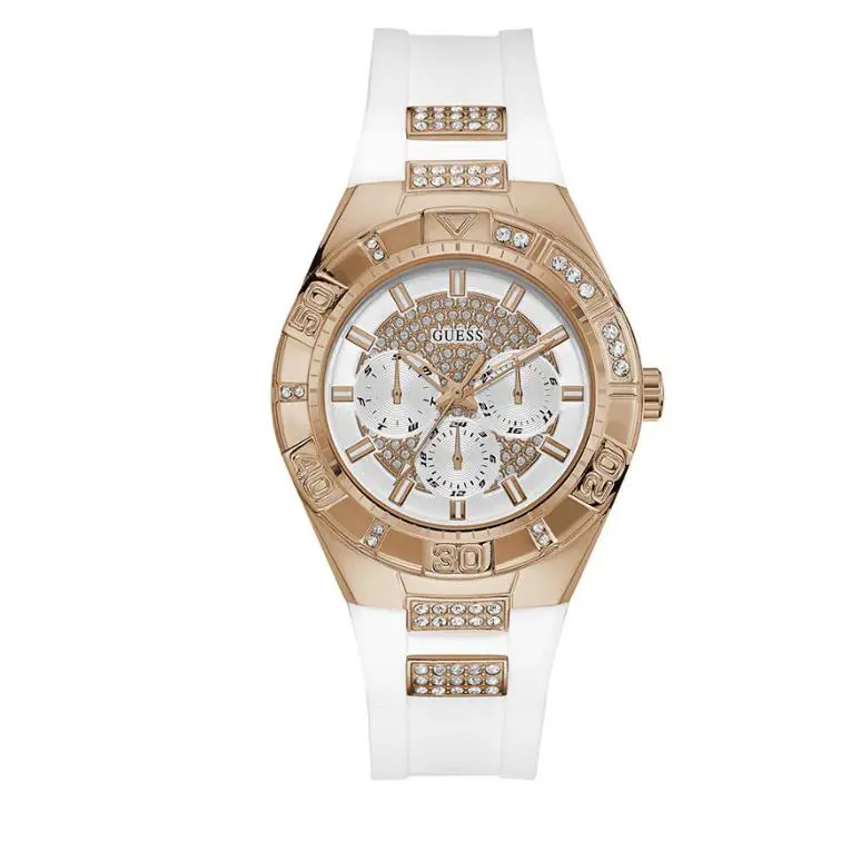 Guess Women`s Silicone Strap Luna Crystal White Analog Dial Watch W0653L4