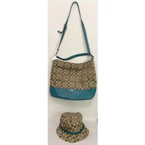 Coach Beige Green Hobo Handbag Tote Purse Matching Hat Logo D1376 F23279 - Handle/Strap: Green, Hardware: Silver, Exterior: Beige