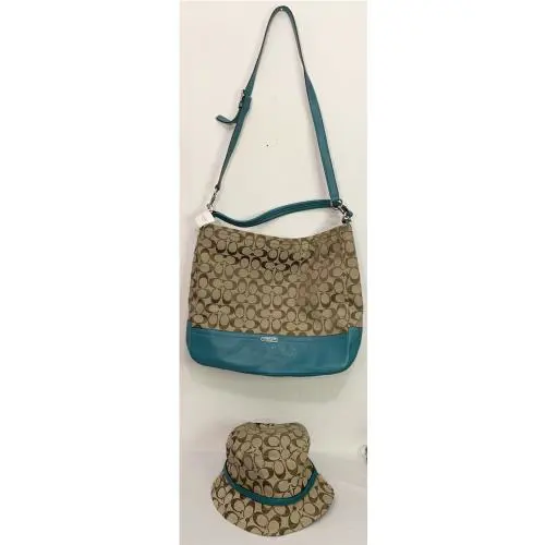 Coach Beige Green Hobo Handbag Tote Purse Matching Hat Logo D1376 F23279 - Handle/Strap: Green, Hardware: Silver, Exterior: Beige