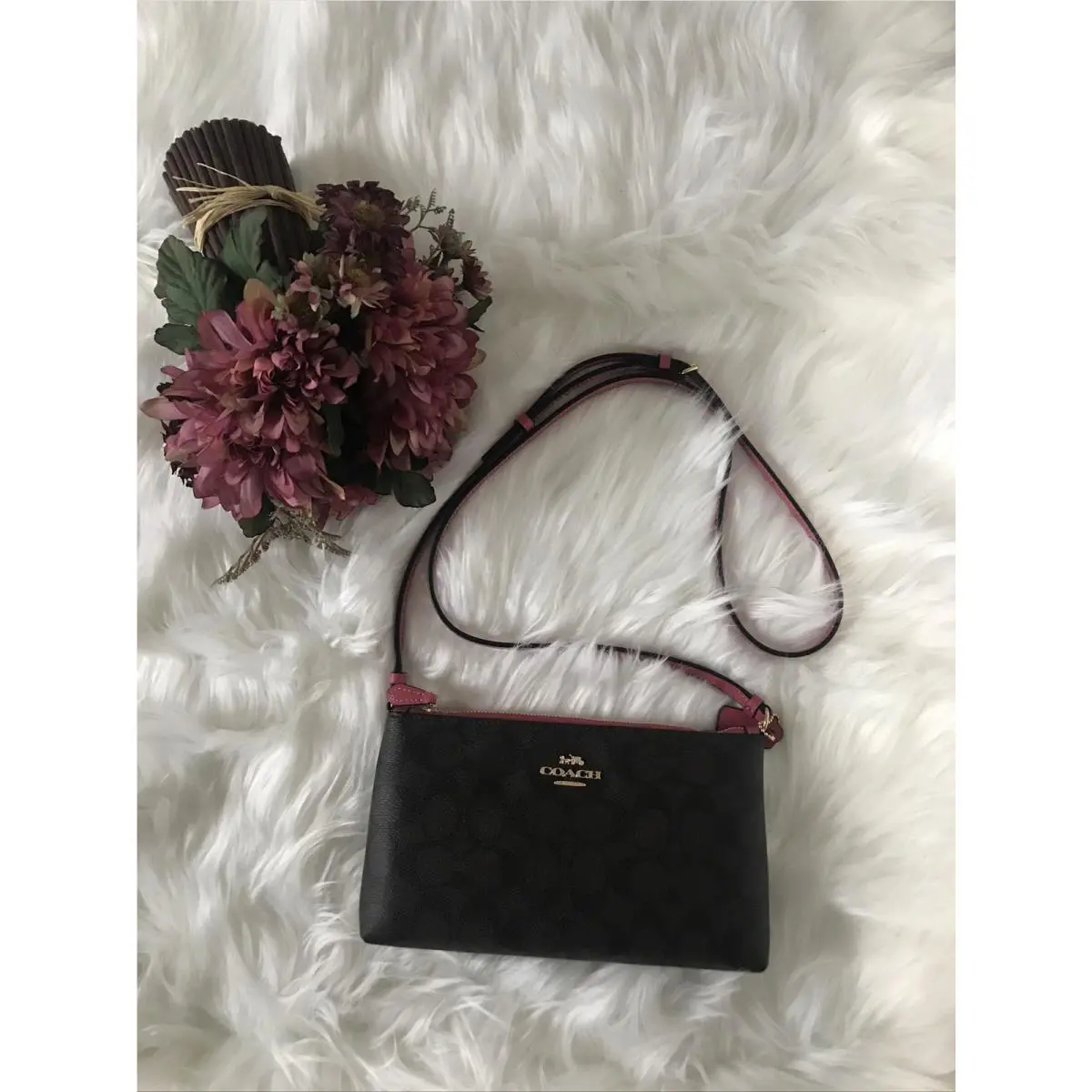 Zip Top Gold/brown Strawberry Signature Coated Canvas Crossbody by Coach