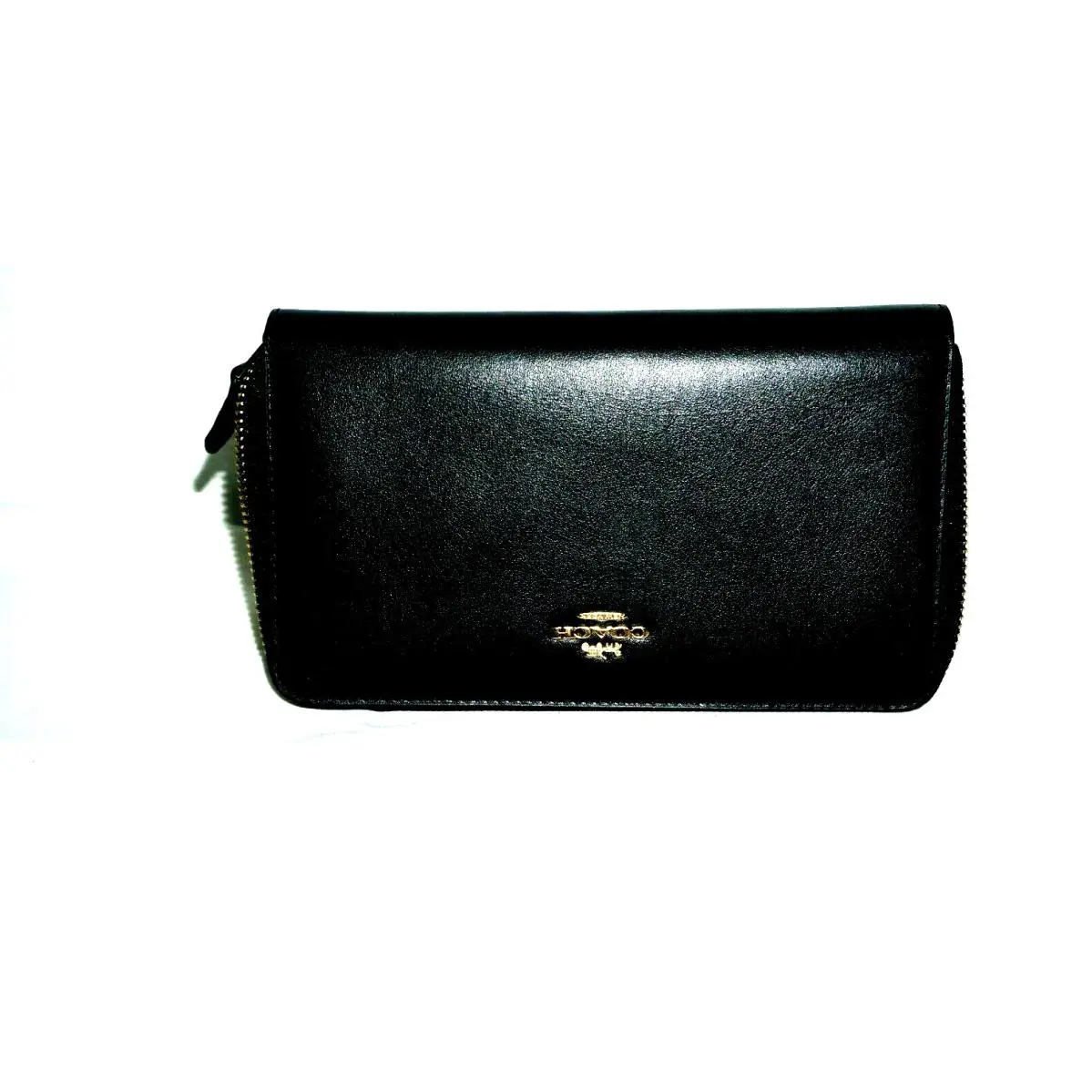 Coach Womens Black Gold Leather Continetel Zip Around Closure Wallet