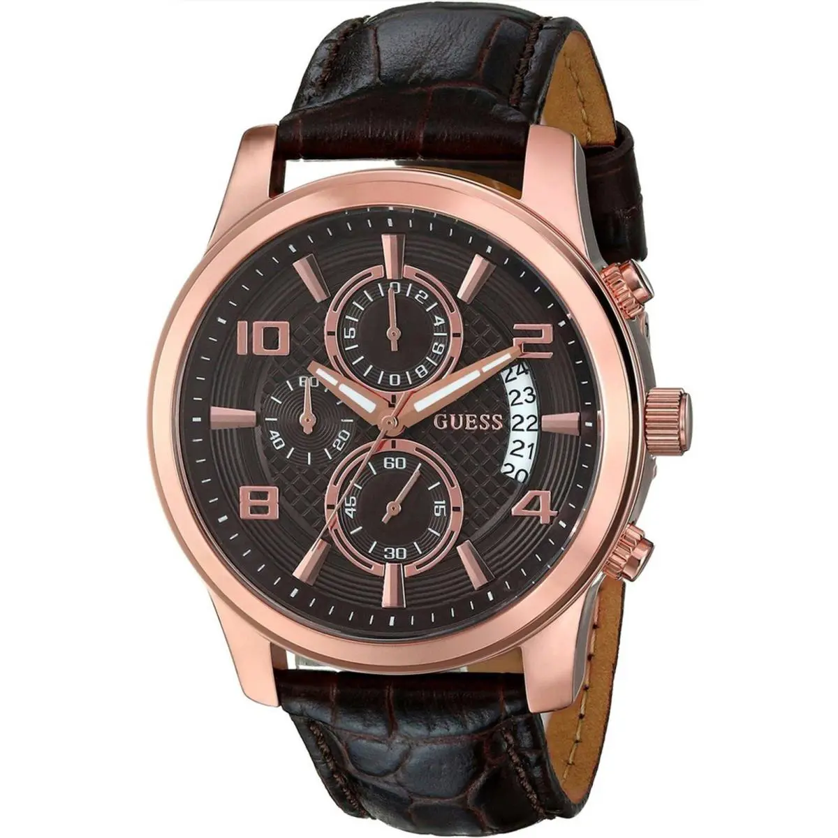 Guess W0076G4 Men`s Chronograph Steel Case Leather Strap Rose Gold Tone 50m WR