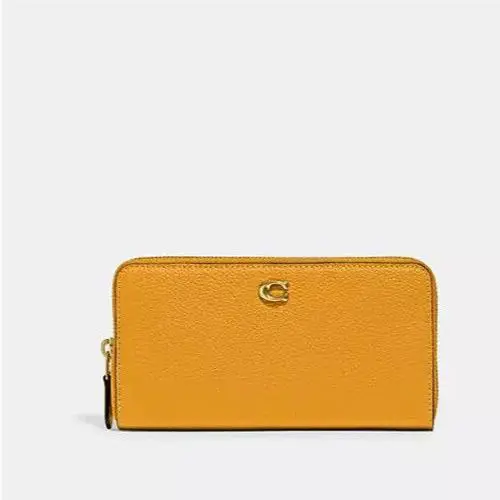 Coach Brass/buttercup Polished Pebble Leather Accordion Zip Wallet CC489