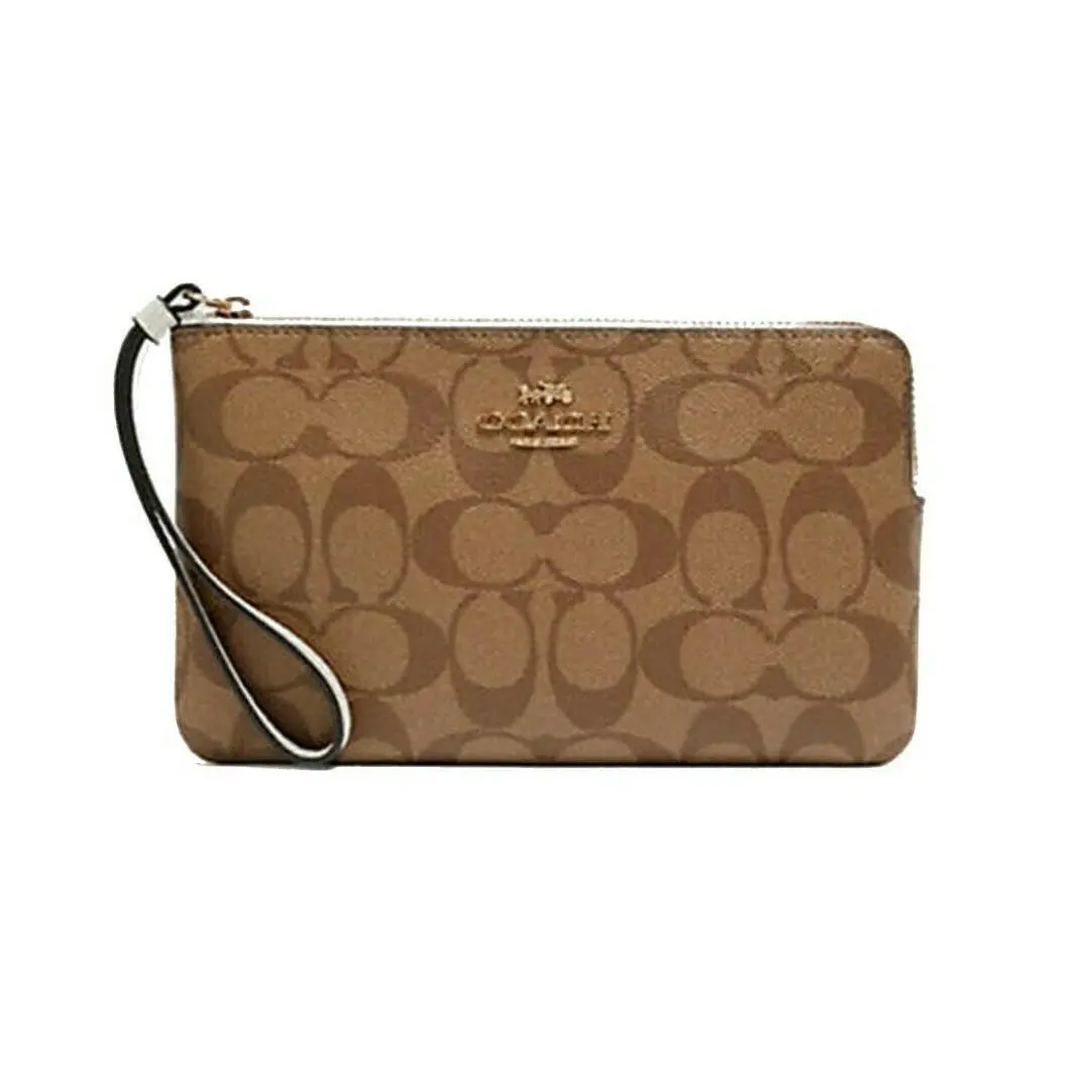 Coach Women`s Large Corner Zip Wristlet In Signature Canvas Gold/khaki/chalk