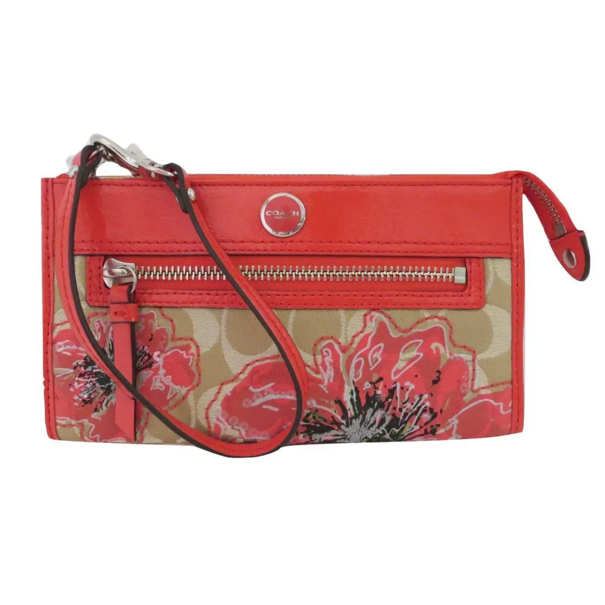 Coach Poppy Flower Khaki Signature Sequin Coral Patent Leather Wallet 47070