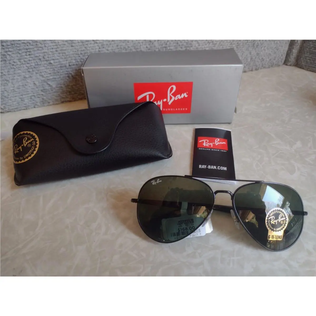 Ray Ban Aviator Sunglasses Black Metal Frame Green Lense 002/31 RB 3675