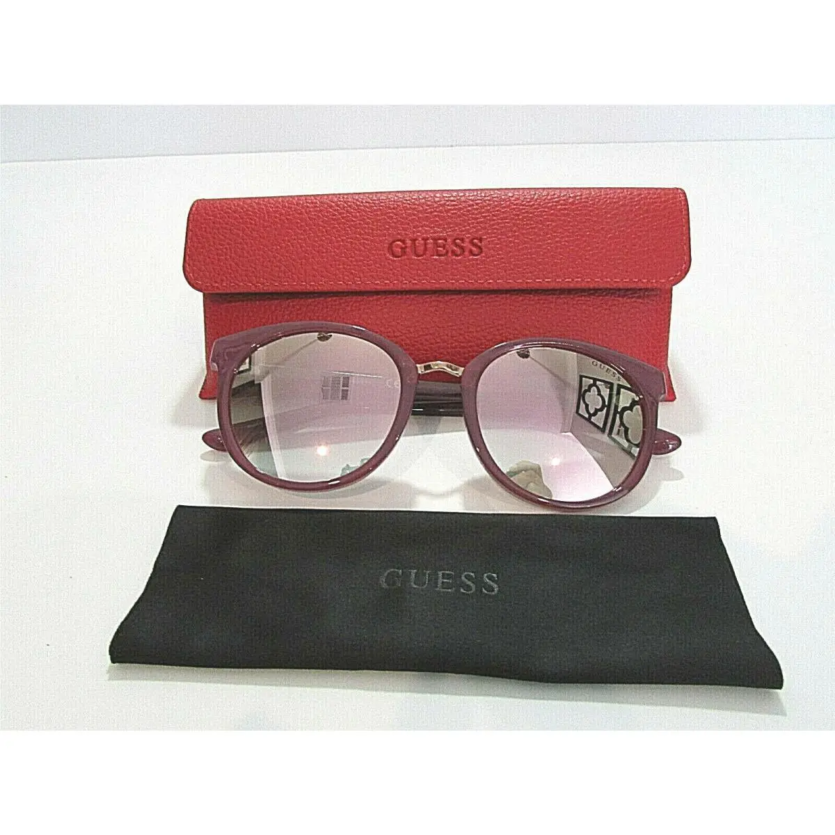 Guess GU 7601 GU7601 74U Pink Bordeaux Round Mirror UV Sunglasses Rx-able Frame