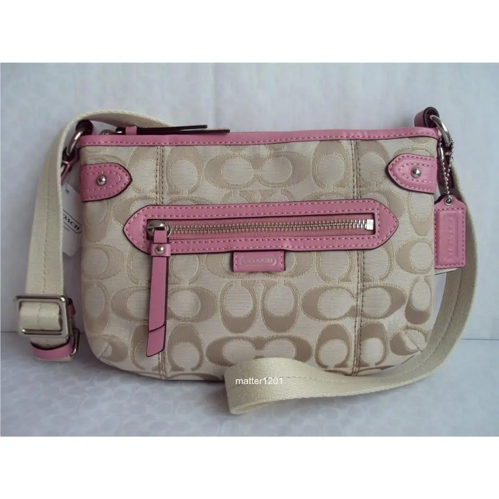 Coach F49452 Daisy Outline Signature Metallic Swingpack Light Khaki/pink