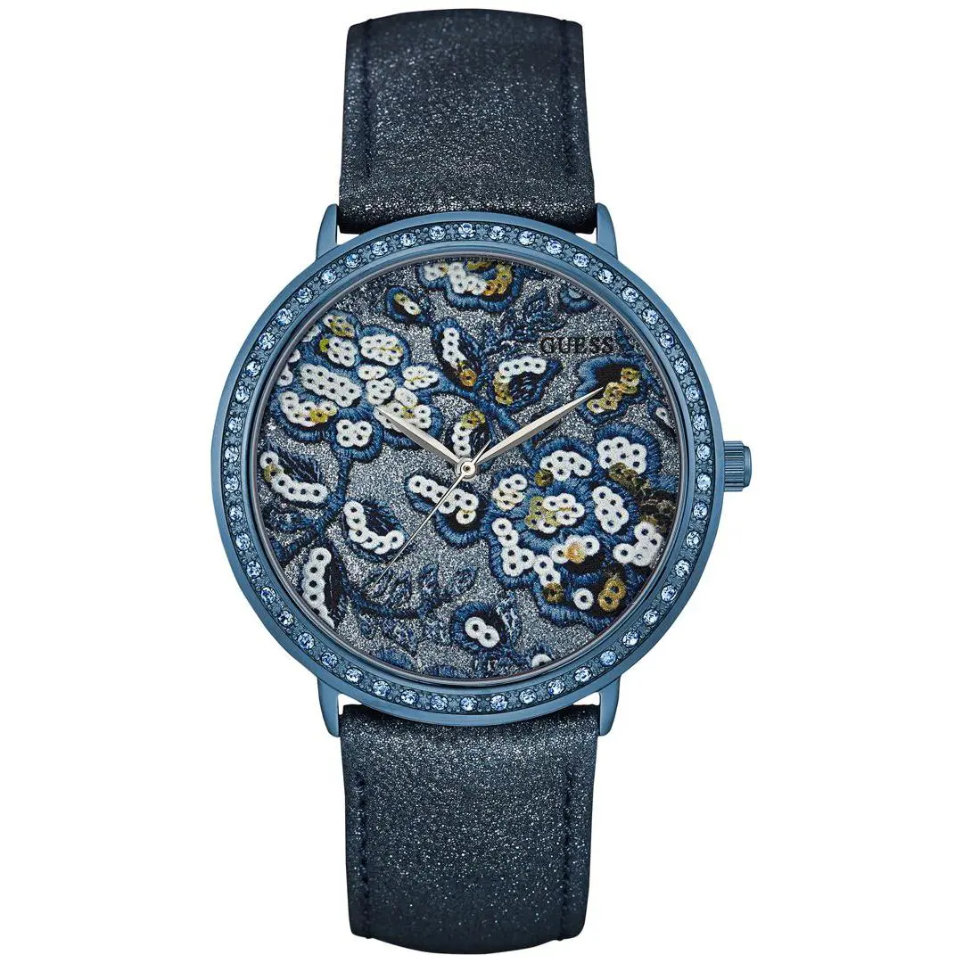Guess Women`s Wildflower Blue Leather Strap Watch U0820L2 43mm