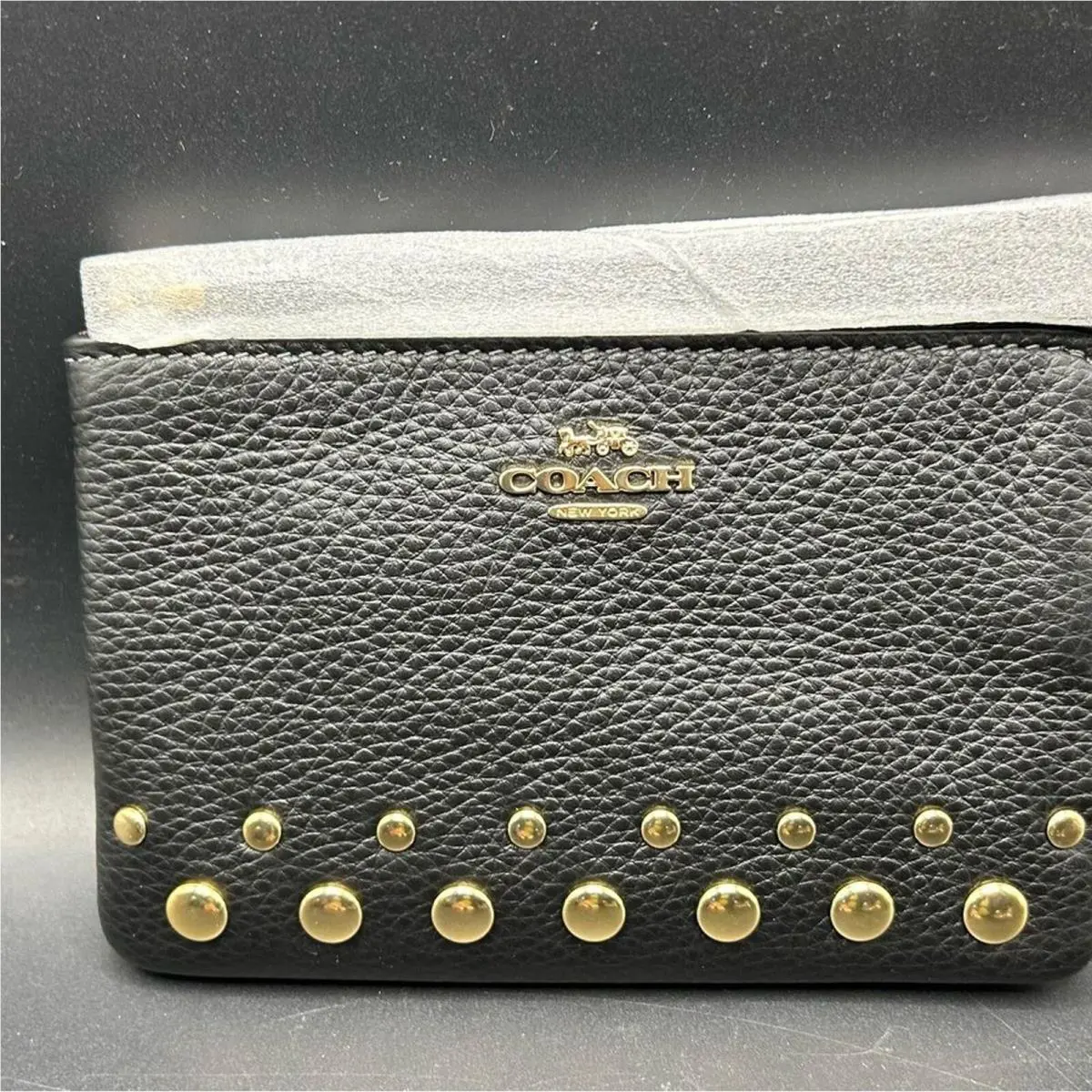 Black Coach Wristlet Grain Leather Gold Studs Accents Zip Closure