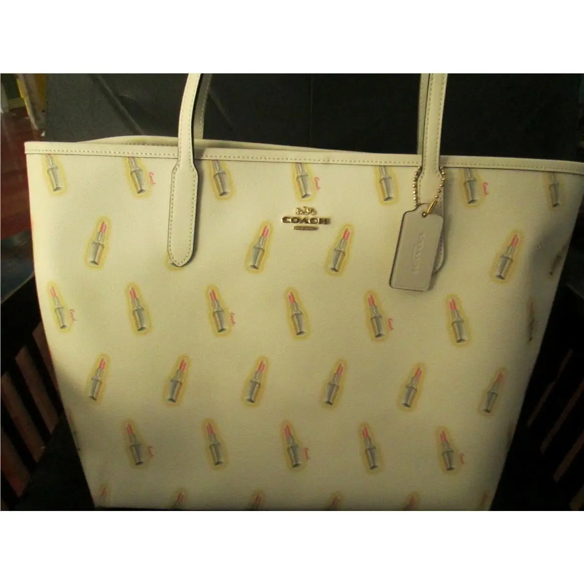 Coach City Tote Bag Lipstick Pattern Purse Handbag Chalk Cream Color Off White
