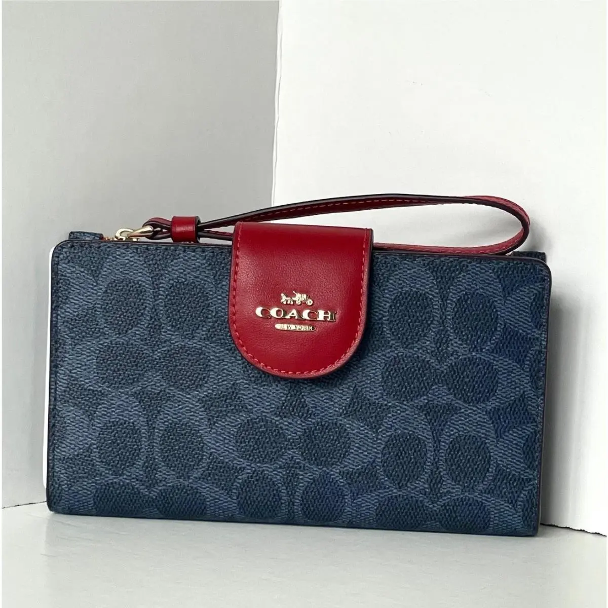Coach Phone Wristlet Wallet CW780 Blue Red Signature Canvas ID Clutch