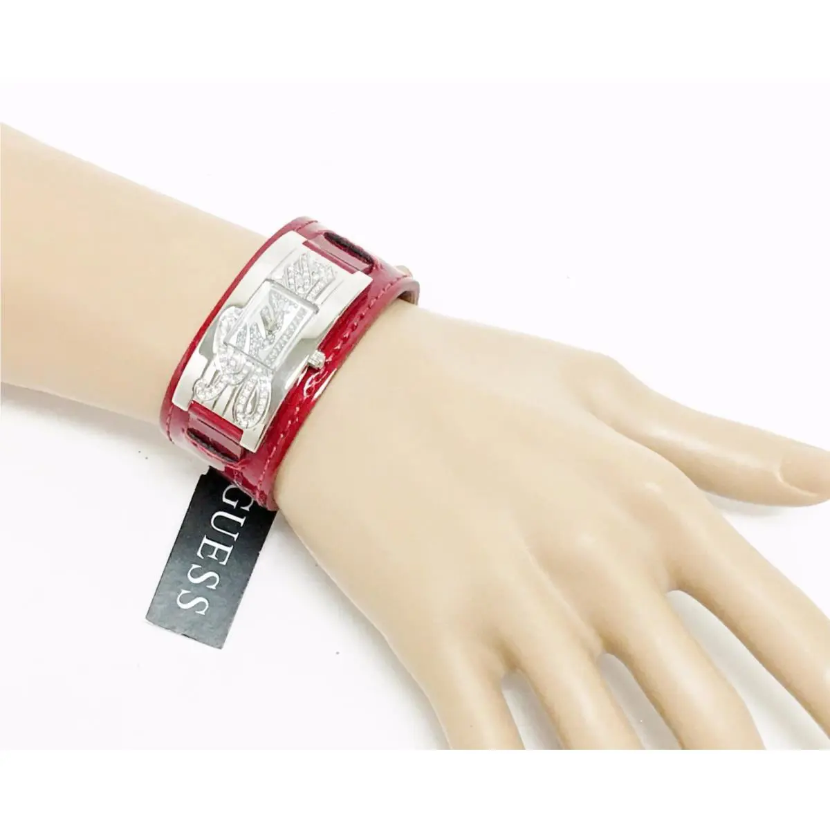 Guess Silver Tone Red Patent Shiny Leather+crystal Band Cuff Watch W80055L8