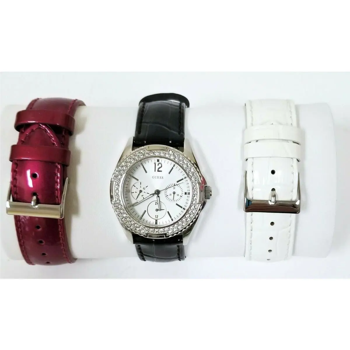 Guess 3 PC Set Silver Tone Watch Wine Red+black+white Leather Band W0086L3
