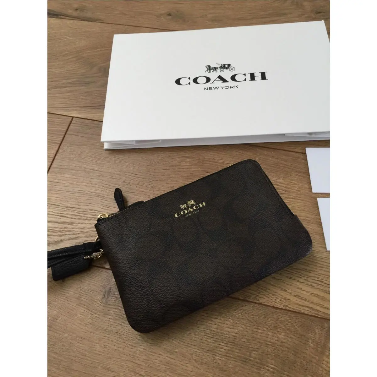 Coach F66506 Double Corner Zip Wristlet In Signature Brown Black Giftbox
