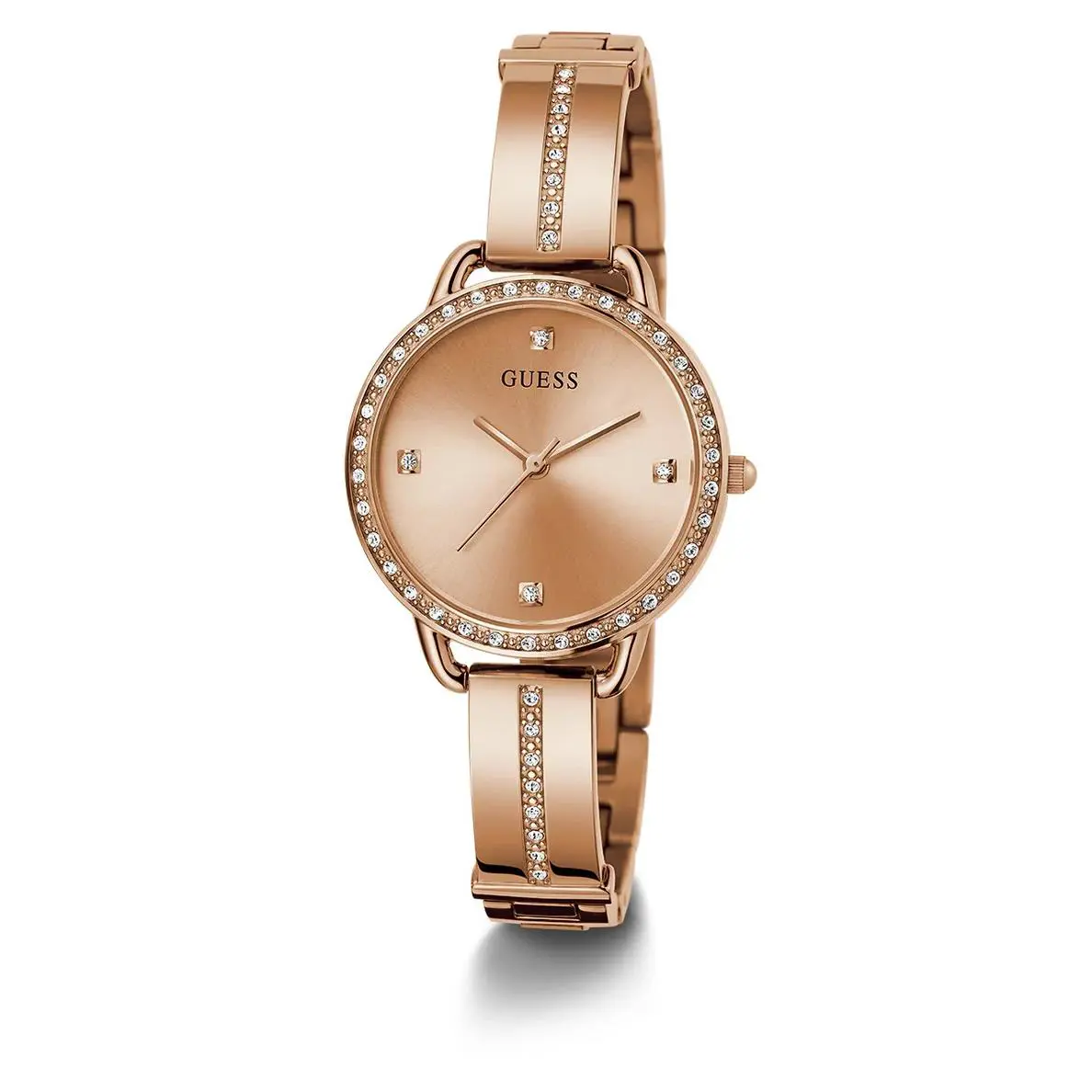 Guess Rose Gold-tone Crystal Analog Women`s Bangle Watch GW0022L3 - Dial: Rose Gold, Band: Rose Gold, Bezel: Rose Gold