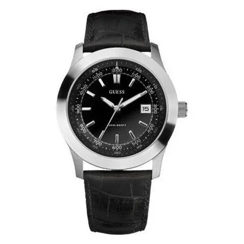 Guess Black Croc Embossed Leather Band+silver Tone S/steel Dial Watch U85096G1