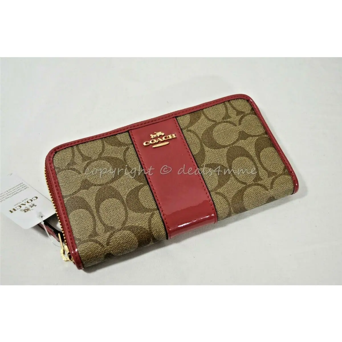 Coach F35443 Accordian Zip Wallet in Signature Canvas in Khaki/true Red