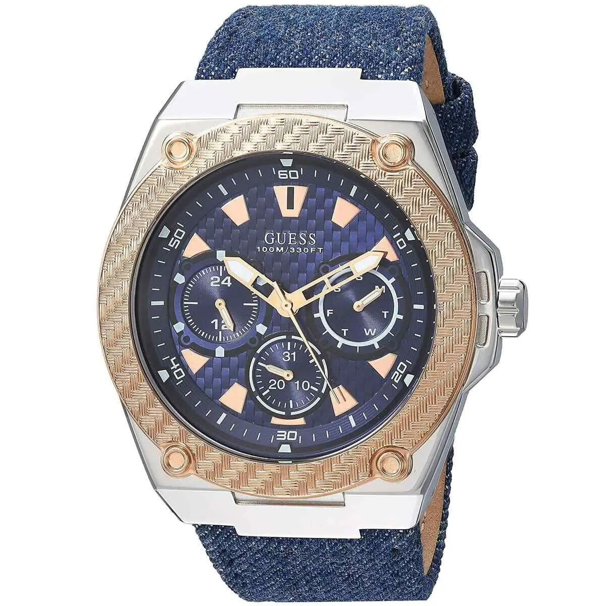 Guess Mens Legency 45mm Blue Leather Band Steel Case Quartz Analog Watch W1058G1