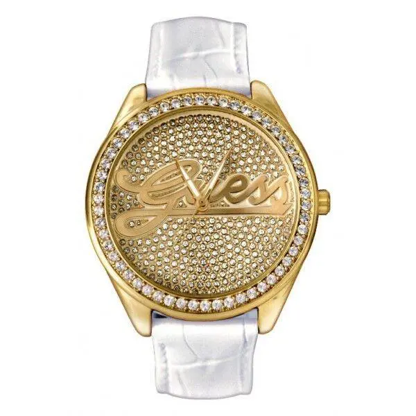 Guess Gold Tone White Leather Band Crystals Glitz Bezel Watch U75033L5