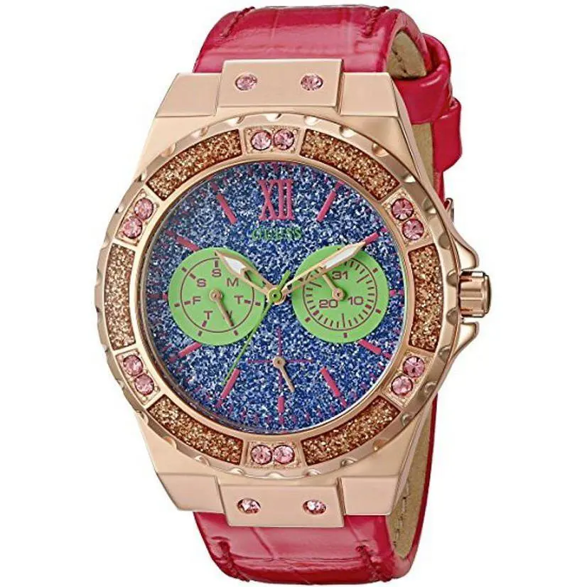 Guess Multi-function U0775L4 Glitter Dial Red Leather Strap Quartz Women`s Watch - Red, Dial: Blue, Gold, Band: Red