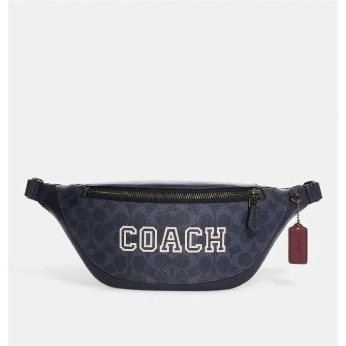 Men` Denim/chalk Signature Canvas W/varsity Motif Warren Belt Bag CB912 by Coach