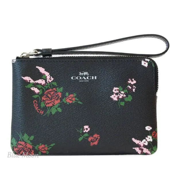 Black Floral Pvc Leather Corner Stitch Wristlet by Coach
