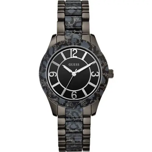 Guess Women`s W0014L3 Black Ion Plated Steel Animal Print Bracelet Quartz Watch