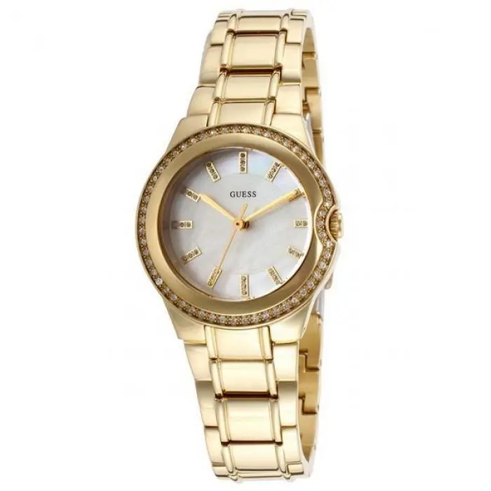 New-guess Gold Tone Crystal White Mop Dial S/steel Small Watch W12654L1
