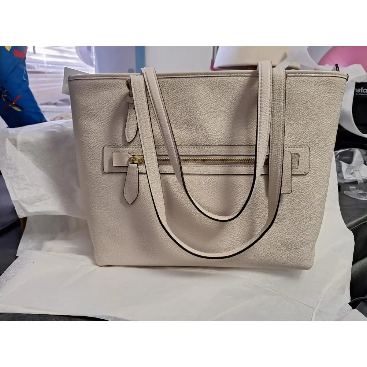 Taylor Pebbled Leather Gold Hardware Tote Bag Chalk Leather cc395 by Coach