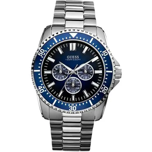 Guess Polished Silver Tone Blue Dial Multifunction Bracelet Watch U12618G2