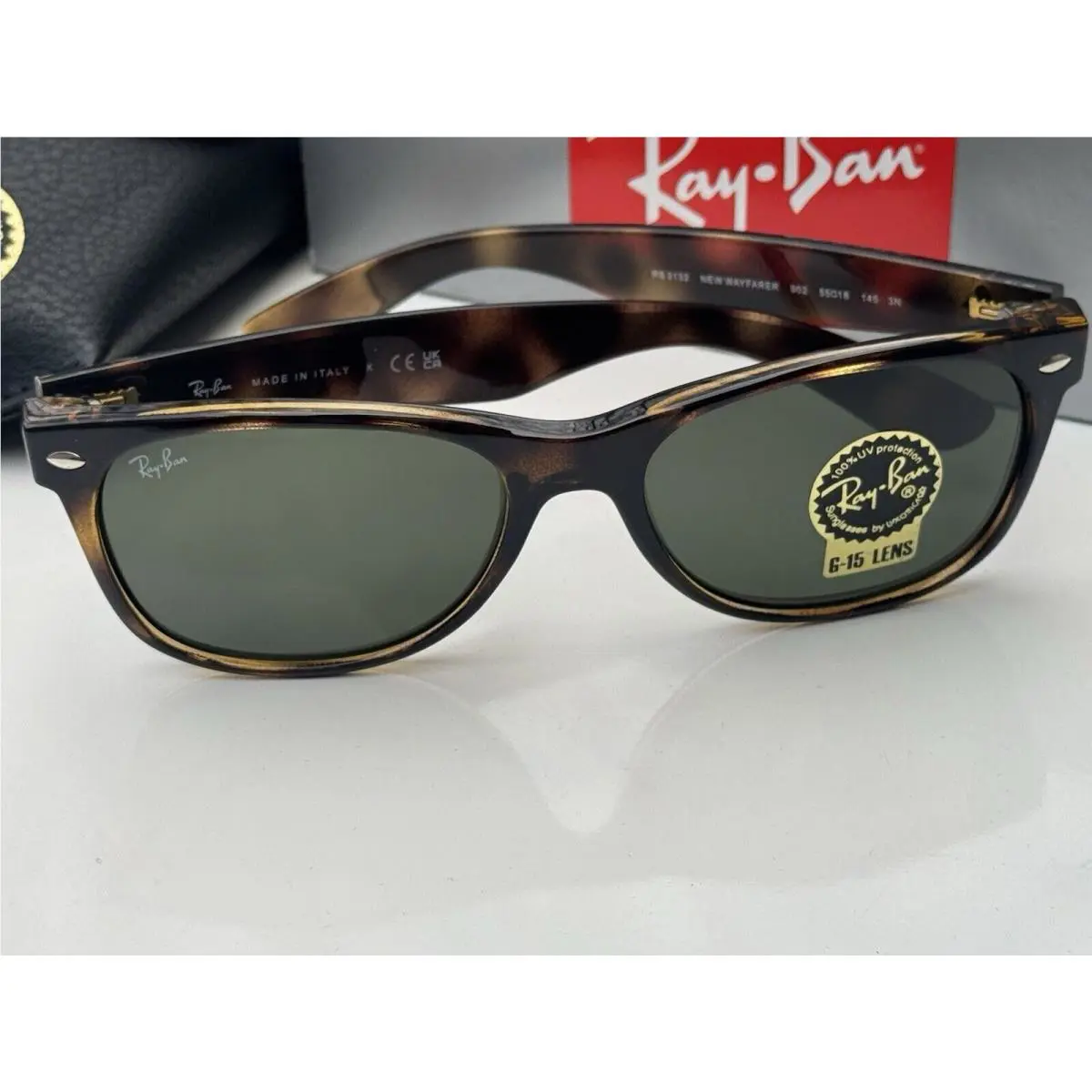 Ray-ban New Wayfarer RB2132 Wayfarer 902 Tortoise Frame G-15 Brown Sunglasses 3N 55mm